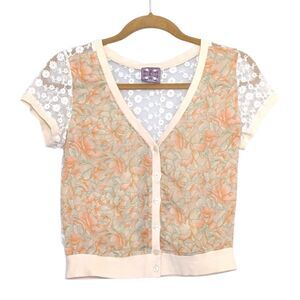 Free People Sz XS Floral Lace  Button Up Top Blouse Coquette Princess Feminine